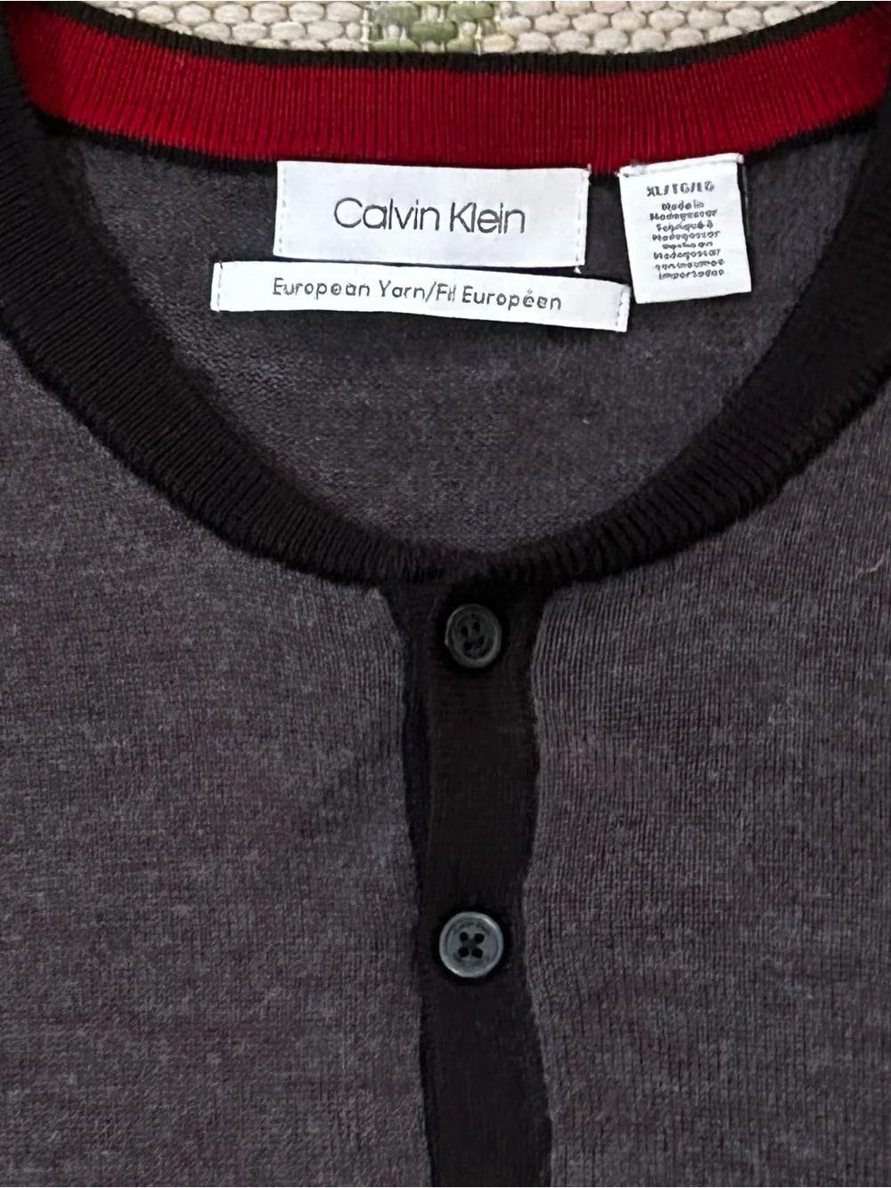 Calvin Klein European Yarn Charcoal Crewneck Sweater with Red Sleeve Stripes XL
